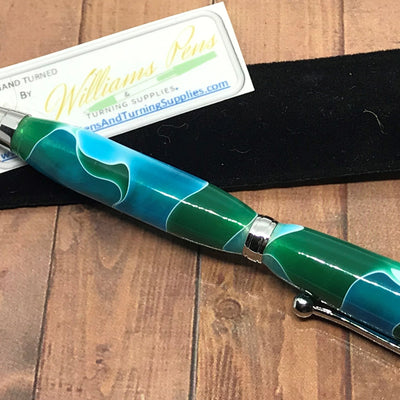 Finished Slimline Pen Green & Blue Swirl Blank on a Chrome Pen Kit - Williams Pens & Turning Supplies.