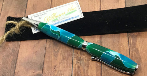 Finished Slimline Pen Green & Blue Swirl Blank on a Chrome Pen Kit - Williams Pens & Turning Supplies.