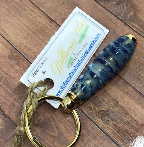 Finished Williams Key Ring Dark Blue & White on a Gold Kit - Williams Pens & Turning Supplies.