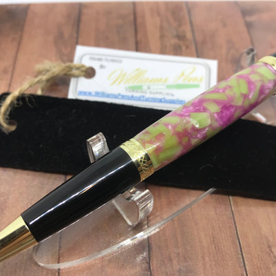 Williams Finished Sierra Pen Gold & Black Chrome Kit with Pink & Light Green Polished Blank. - Williams Pens & Turning Supplies.