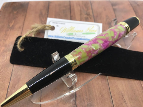 Williams Finished Sierra Pen Gold & Black Chrome Kit with Pink & Light Green Polished Blank. - Williams Pens & Turning Supplies.